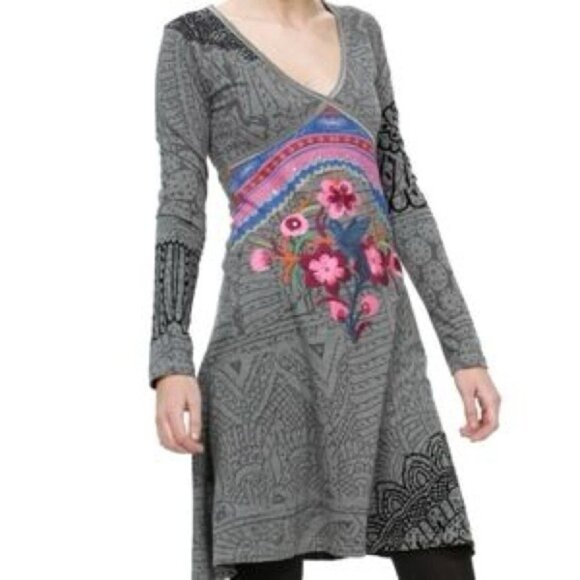 Desigual Dress Fit & Flare Hummingbird Embroidered Art Abstract Empire Waist L - Picture 1 of 10